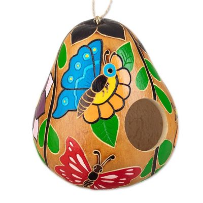 Alternate image for Hand-painted Butterfly-theme Dried Gourd Birdhouse from Peru Flight of the Butterfly