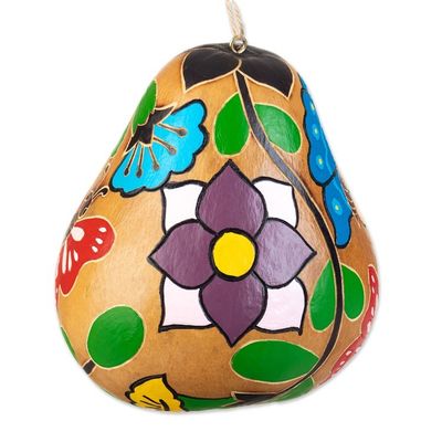 Alternate image for Hand-painted Butterfly-theme Dried Gourd Birdhouse from Peru Flight of the Butterfly