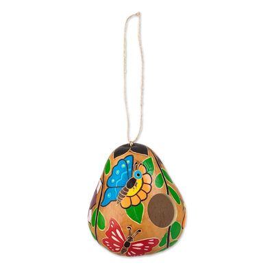 Alternate image for Hand-painted Butterfly-theme Dried Gourd Birdhouse from Peru Flight of the Butterfly