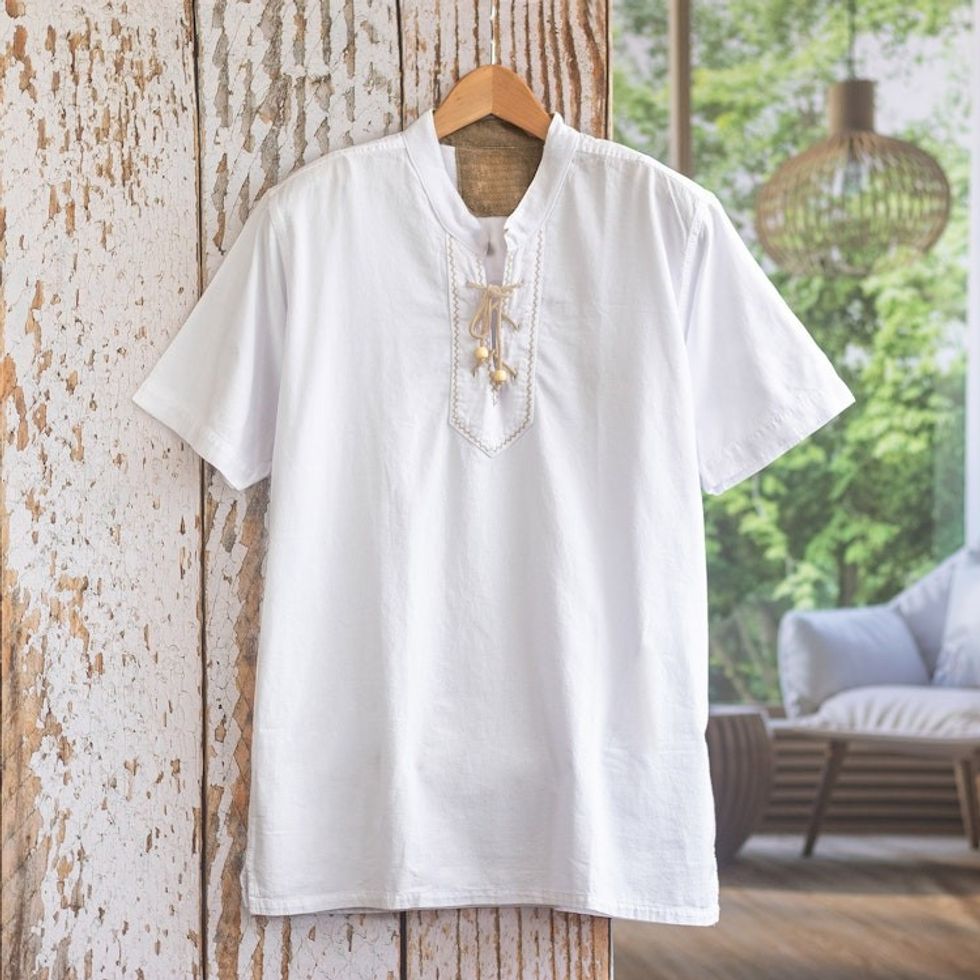 Men's Casual White Cotton Shirt Bohemian Style Made in Peru 'Summer'