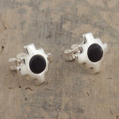 Alternate image for Silver and Obsidian Inca Chakana Stud Earrings Inca Constellation