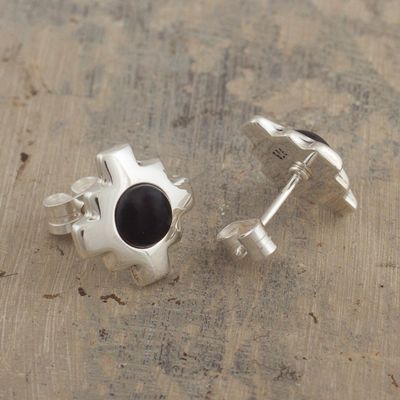 Alternate image for Silver and Obsidian Inca Chakana Stud Earrings Inca Constellation