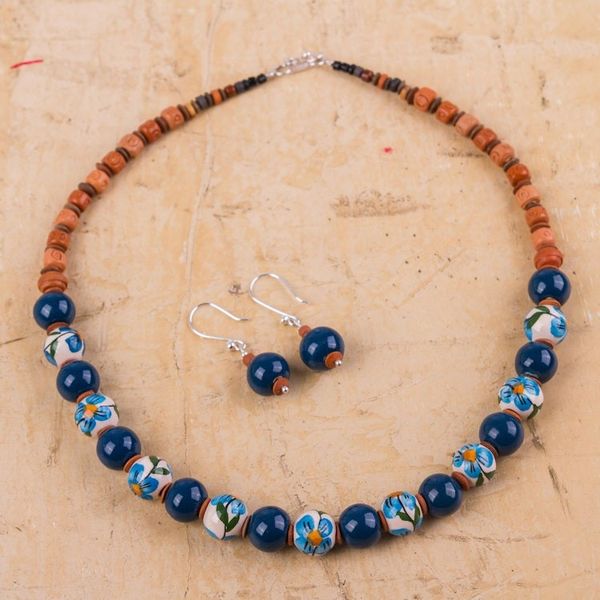 Alternate image for Jewelry Set with Hand Painted Flowers on Ceramic Beads Blue Andean Blossom