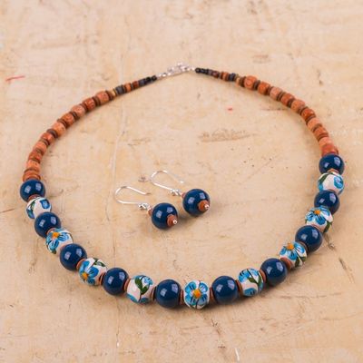 Alternate image for Jewelry Set with Hand Painted Flowers on Ceramic Beads Blue Andean Blossom