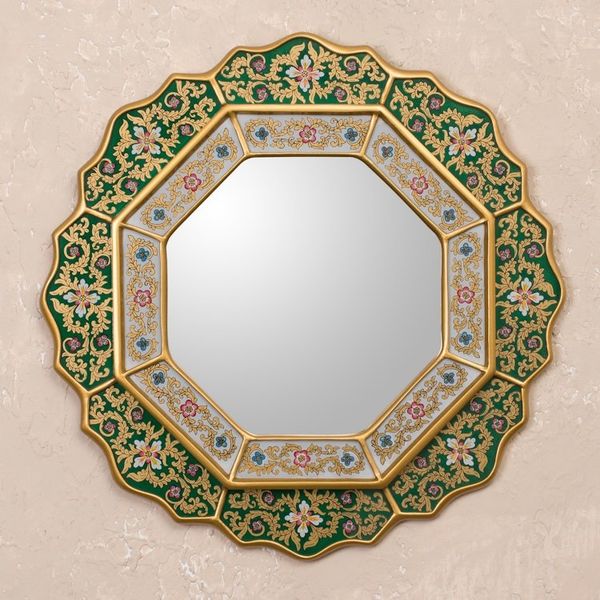 Alternate image for Green Floral Fair Trade Reverse Painted Glass Wall Mirror Green Star