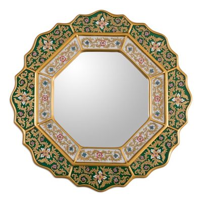 Alternate image for Green Floral Fair Trade Reverse Painted Glass Wall Mirror Green Star