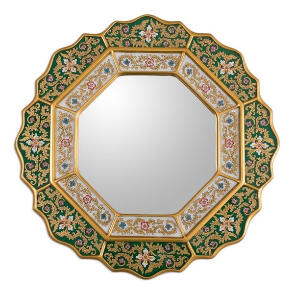 Alternate image for Green Floral Fair Trade Reverse Painted Glass Wall Mirror Green Star