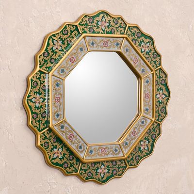 Alternate image for Green Floral Fair Trade Reverse Painted Glass Wall Mirror Green Star