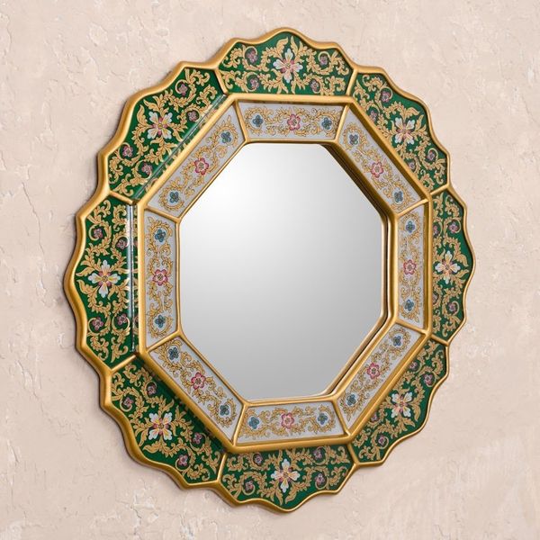Alternate image for Green Floral Fair Trade Reverse Painted Glass Wall Mirror Green Star