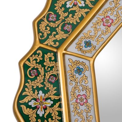 Alternate image for Green Floral Fair Trade Reverse Painted Glass Wall Mirror Green Star