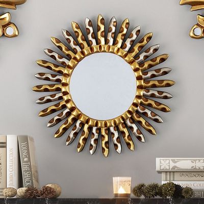 Alternate image for Sun-Themed Antique Gilded Bronze  Aluminum Wood Wall Mirror Setting Sun