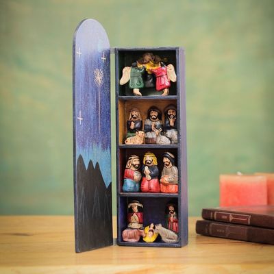 Alternate image for Handmade Wood Retablo Diorama Peruvian Folk Art Blue Nativity