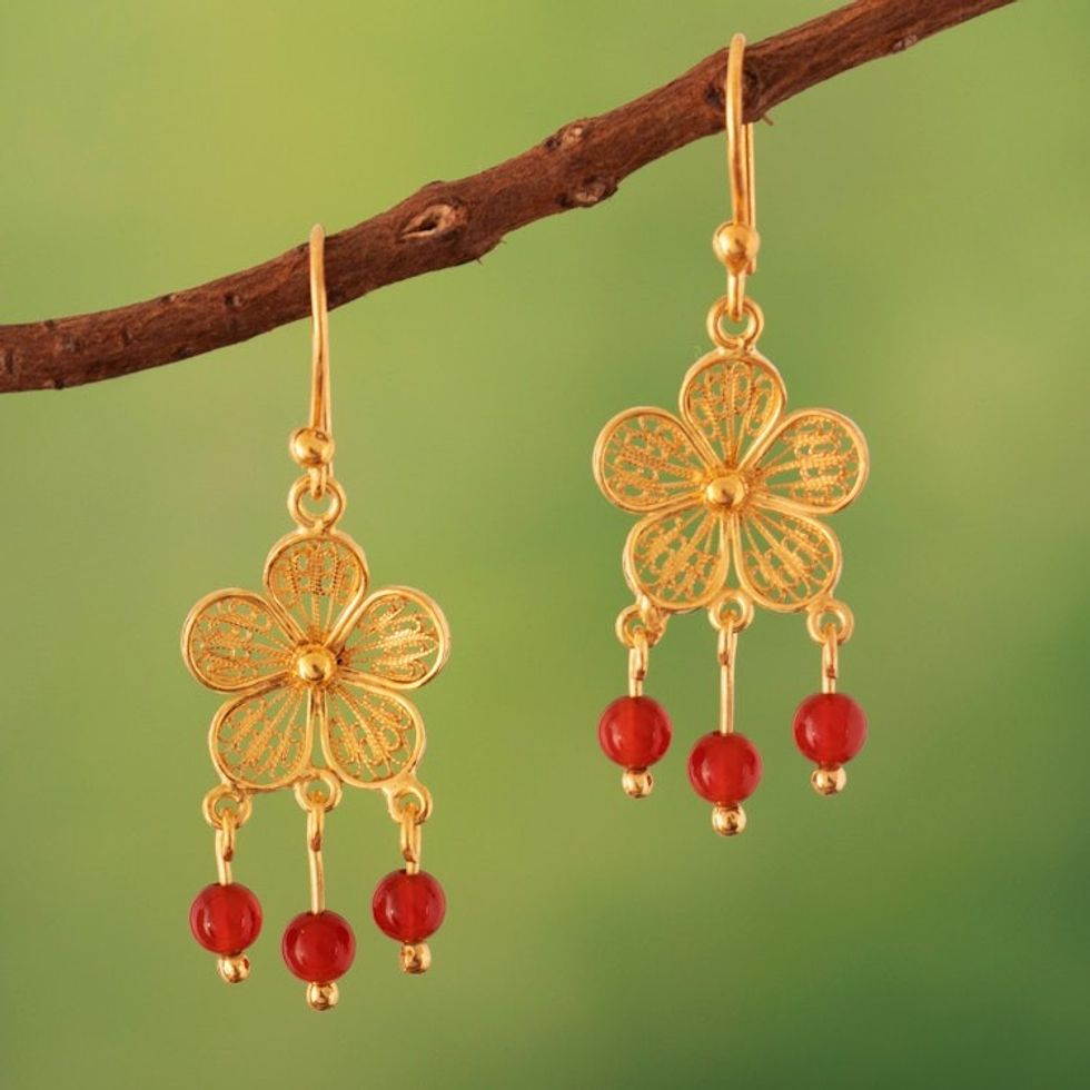 Gold-Plated Filigree Dangle Earrings with Carnelian Beads 'Red Rosette'