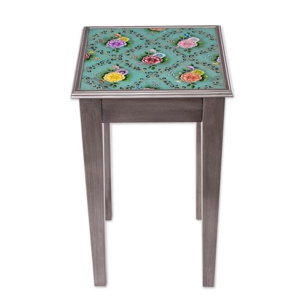 Alternate image for Floral Reverse-Painted Glass Accent Table from Peru Roses of Spring