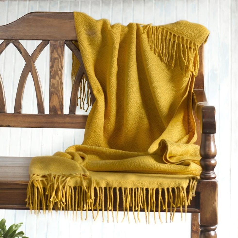 Diamond-Patterned Acrylic Blend Throw Blanket 'Diamond Mine in Gold'