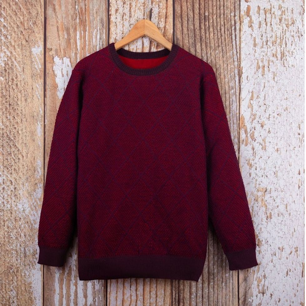 Men's Alpaca Blend Sweater in Red and Burgundy Made in Peru 'Textures Diamonds'