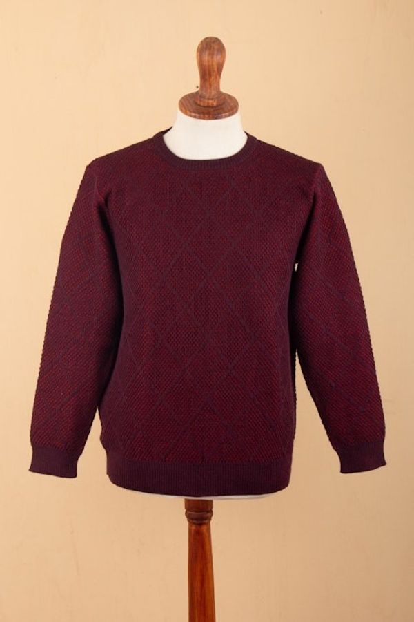 Alternate image for Mens Alpaca Blend Sweater in Red and Burgundy Made in Peru Textures  Diamonds