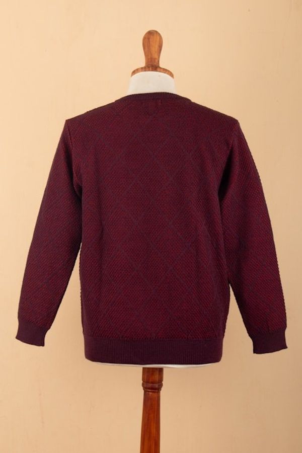 Alternate image for Mens Alpaca Blend Sweater in Red and Burgundy Made in Peru Textures  Diamonds