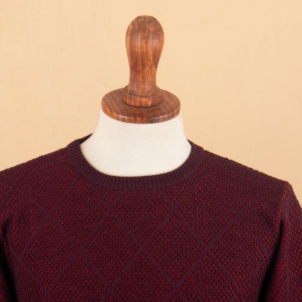 Alternate image for Mens Alpaca Blend Sweater in Red and Burgundy Made in Peru Textures  Diamonds