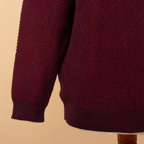 Alternate image for Mens Alpaca Blend Sweater in Red and Burgundy Made in Peru Textures  Diamonds