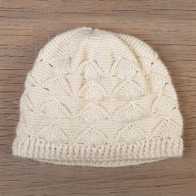 Alternate image for Cable Knit Snow White 100 Alpaca Hat Handmade in Peru Snow Scallops