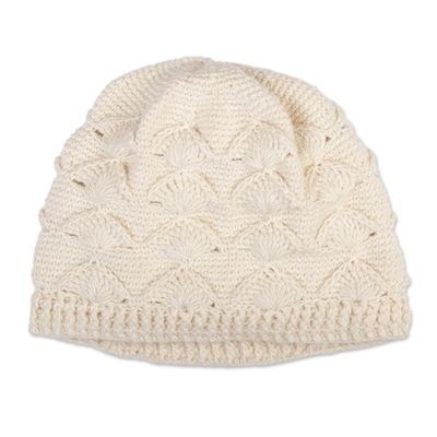 Alternate image for Cable Knit Snow White 100 Alpaca Hat Handmade in Peru Snow Scallops