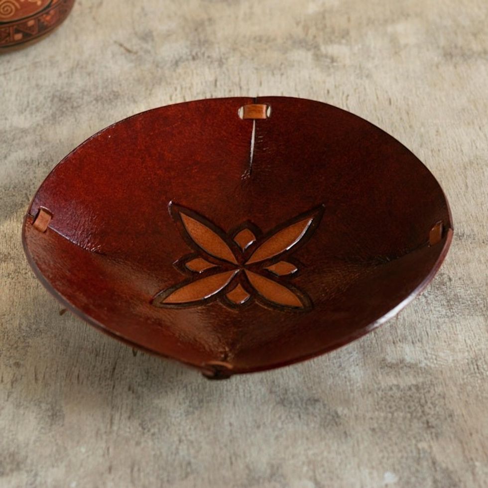Star Motif Hand Tooled Brown Leather Catchall from Peru 'Gothic Star'