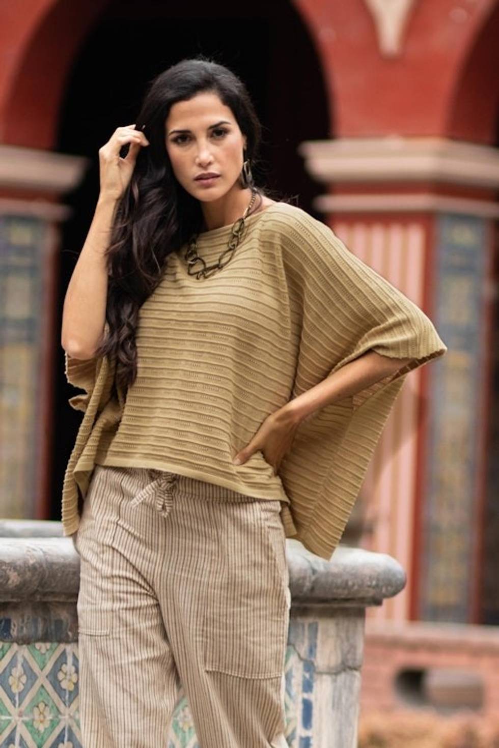 Organic Pima Cotton Textured Poncho in Sand Brown from Peru 'Warmi Sands'