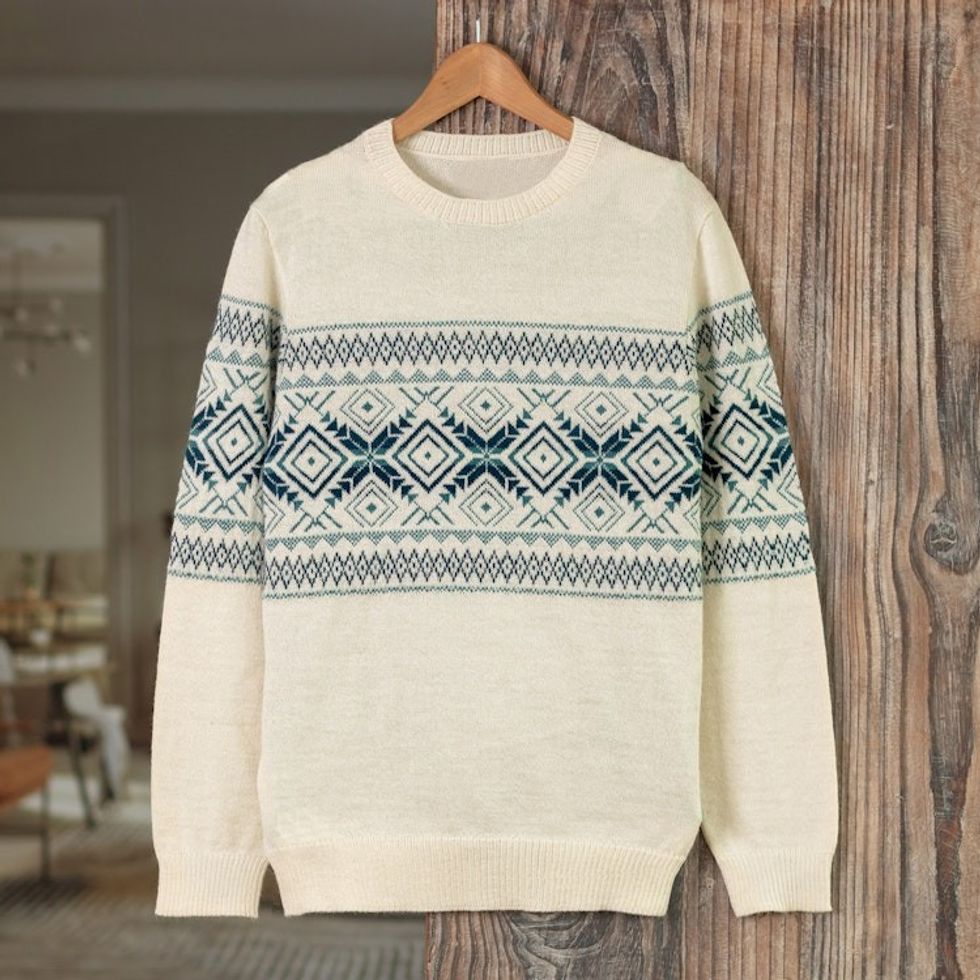 100 Alpaca Men's Pullover Sweater with Geometric Design 'Clouds in the Andes'