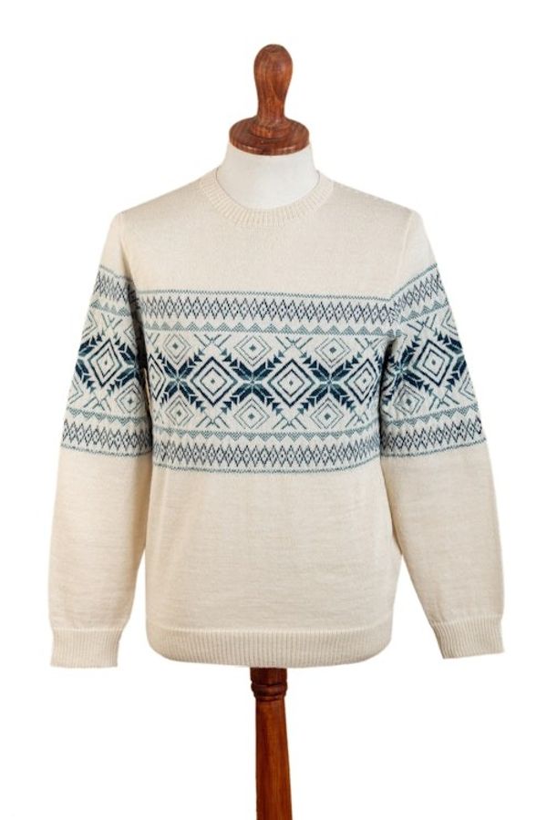 Alternate image for 100 Alpaca Mens Pullover Sweater with Geometric Design Clouds in the Andes