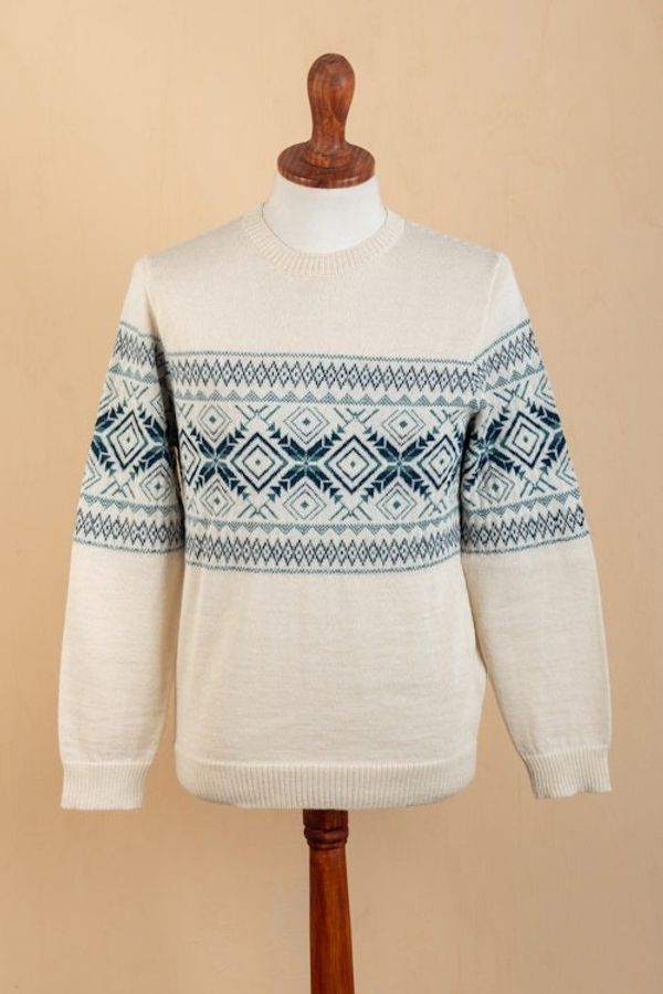 Alternate image for 100 Alpaca Mens Pullover Sweater with Geometric Design Clouds in the Andes