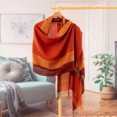 Alternate image for Hand-Woven Striped Fringed Orange 100 Baby Alpaca Scarf Huancayo Sunset