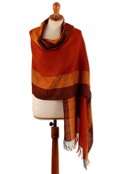 Alternate image for Hand-Woven Striped Fringed Orange 100 Baby Alpaca Scarf Huancayo Sunset