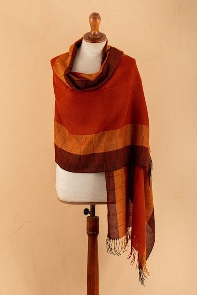 Alternate image for Hand-Woven Striped Fringed Orange 100 Baby Alpaca Scarf Huancayo Sunset