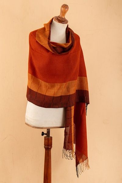 Alternate image for Hand-Woven Striped Fringed Orange 100 Baby Alpaca Scarf Huancayo Sunset