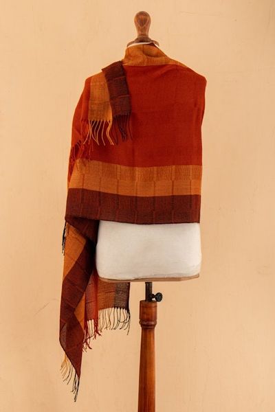 Alternate image for Hand-Woven Striped Fringed Orange 100 Baby Alpaca Scarf Huancayo Sunset