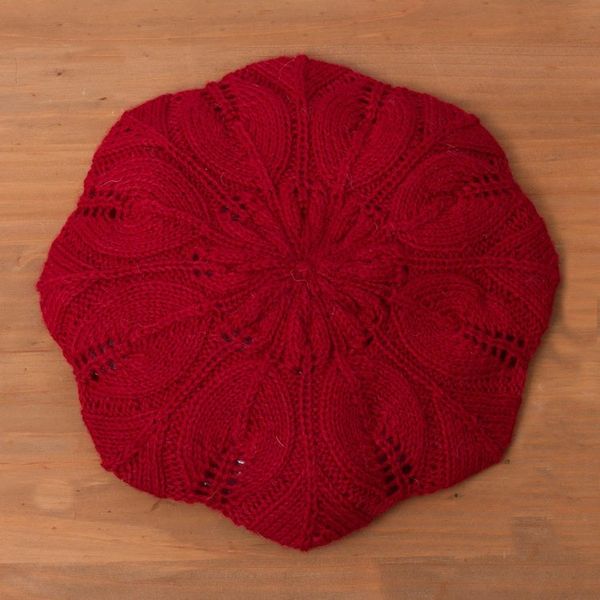 Alternate image for Leaf-Pattern 100 Alpaca Knit Beret in Claret from Peru Claret Leaves