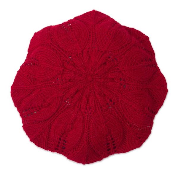 Alternate image for Leaf-Pattern 100 Alpaca Knit Beret in Claret from Peru Claret Leaves