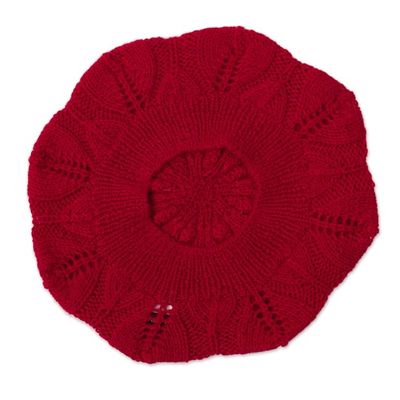 Alternate image for Leaf-Pattern 100 Alpaca Knit Beret in Claret from Peru Claret Leaves