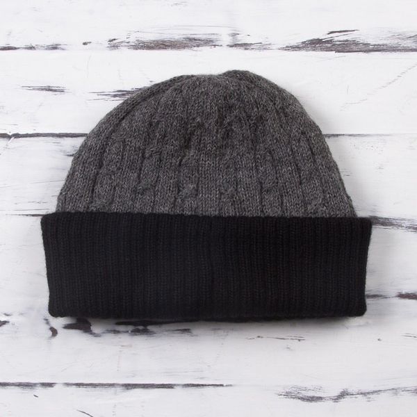 Alternate image for Knit 100 Alpaca Hat in Smoke and Black from Peru Warm Braids in Smoke