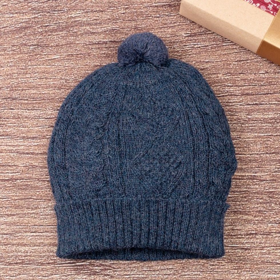 Geometric Soft 100 Alpaca Knit Hat in an Indigo Hue 'Indigo Braid'
