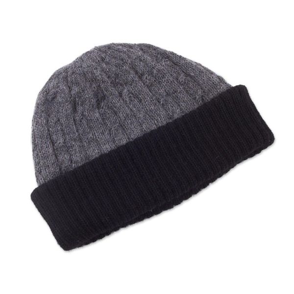Alternate image for Knit 100 Alpaca Hat in Smoke and Black from Peru Warm Braids in Smoke