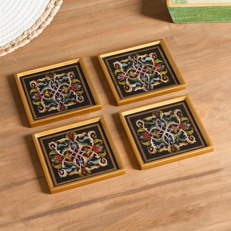 Floral Reverse-Painted Glass Coasters Set of 4 'Colonial Intricacy'