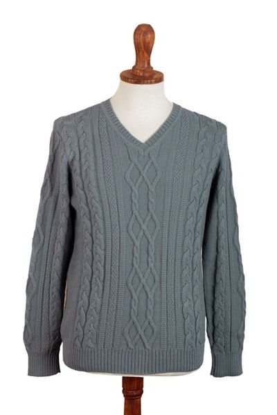 Alternate image for Mens Blue Pullover Sweater Knit in Peru with 100 Alpaca Dusty Blue