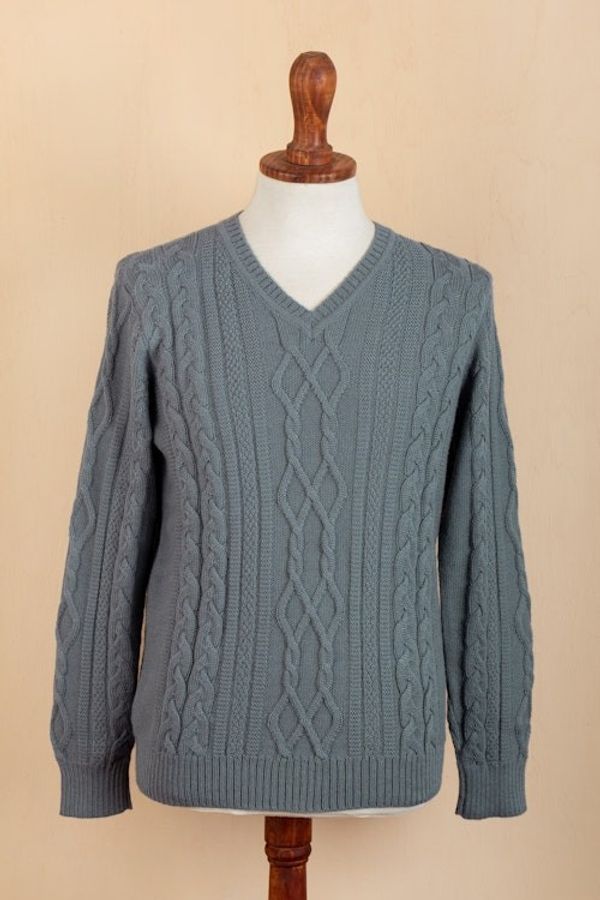 Alternate image for Mens Blue Pullover Sweater Knit in Peru with 100 Alpaca Dusty Blue