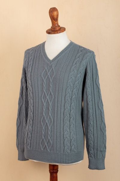 Alternate image for Mens Blue Pullover Sweater Knit in Peru with 100 Alpaca Dusty Blue