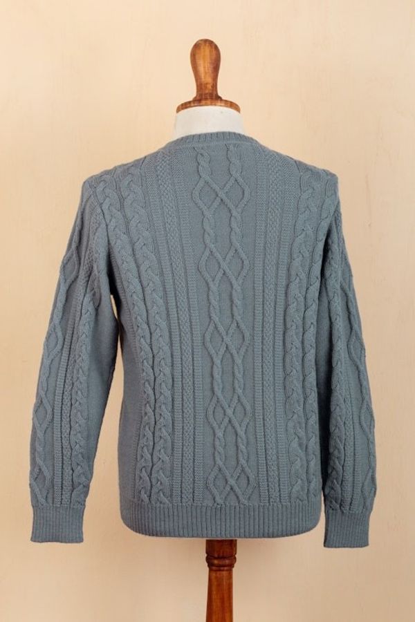 Alternate image for Mens Blue Pullover Sweater Knit in Peru with 100 Alpaca Dusty Blue