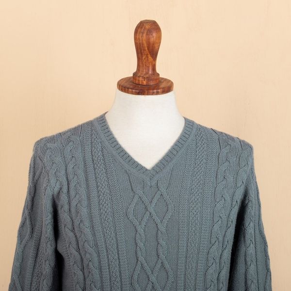 Alternate image for Mens Blue Pullover Sweater Knit in Peru with 100 Alpaca Dusty Blue