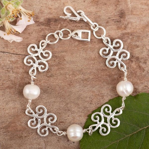 Alternate image for Sterling Silver Link Bracelet with Cream Cultured Pearls Peace Incantation