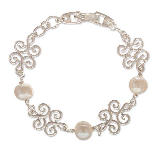 Alternate image for Sterling Silver Link Bracelet with Cream Cultured Pearls Peace Incantation